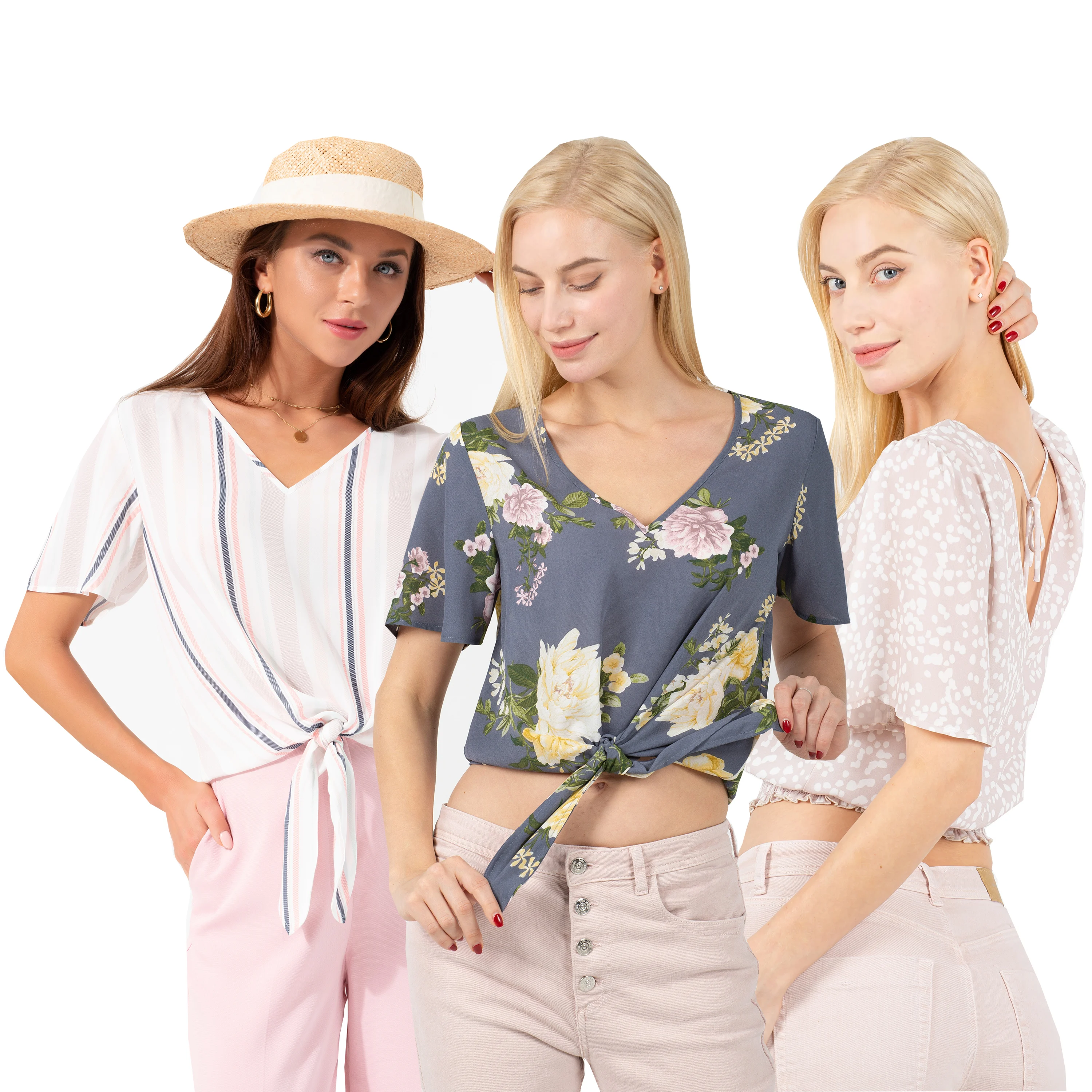 Women Chiffon Summer V Neck Flare Short Sleeve Front Tie Casual Top Blouses for Ladies