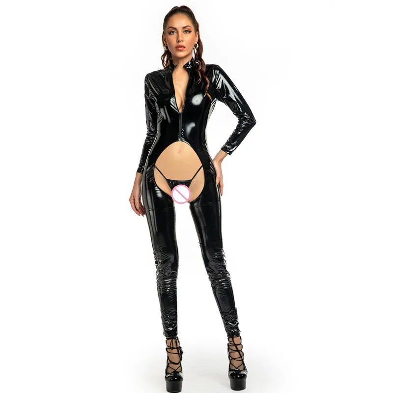Hot sexy wetlook faux leather slim ctrotchless Jumpsuits club wear for women front zipper PVC latex stretch bodysuit