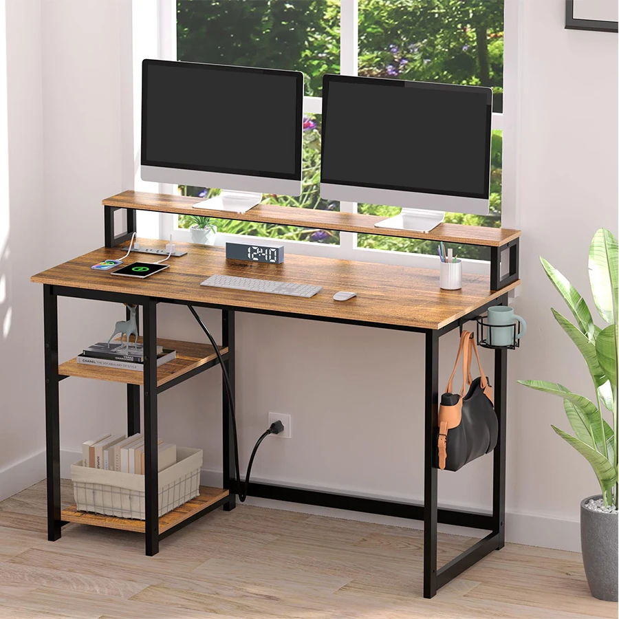 Simple Design Home Office Reversible Small Desk with Monitor Stand and Storage Shelves Power Outlet Computer Desk