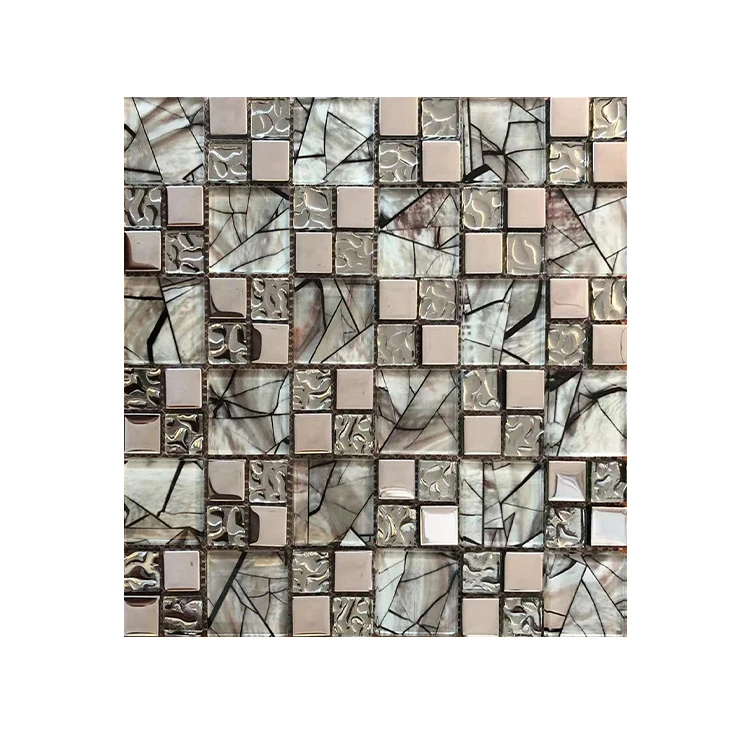 Factory Price Grid Pattern Light Color Square Electroplated Metal Shiny Tiles Glass Mosaic For Walls