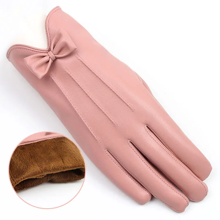 High Quality Fashionable Sheepskin Fake Leather Gloves Ladies Soft Printed Winter Sports Outdoor Casual Gloves Wool Lining High