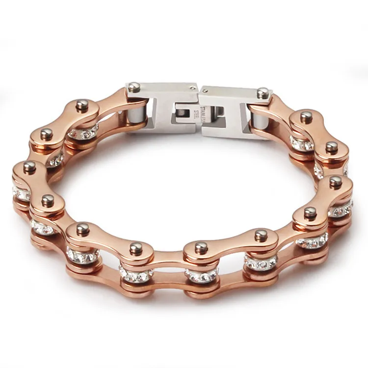 Wholesale 10mm bike Motorcycle Chain Bracelet  Crystal 316L Stainless Steel Gold Bike Chain Bracelet for women