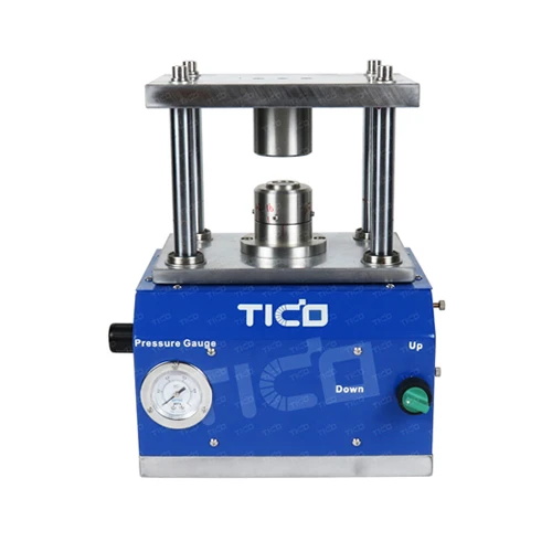 Gas driven coin cell battery crimping machine for CR20XX series coin cell cases