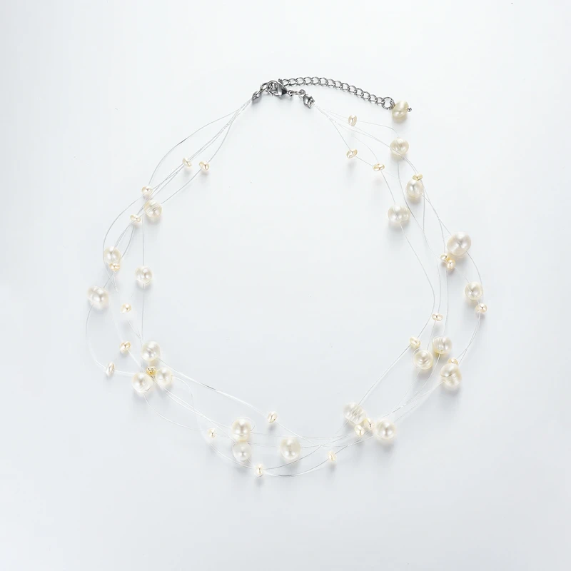 Wholesale Custom Brass Fashion Jewelry Thin Line Multilayer Irregularity Natural Freshwater Pearl Dainty Necklace For Women