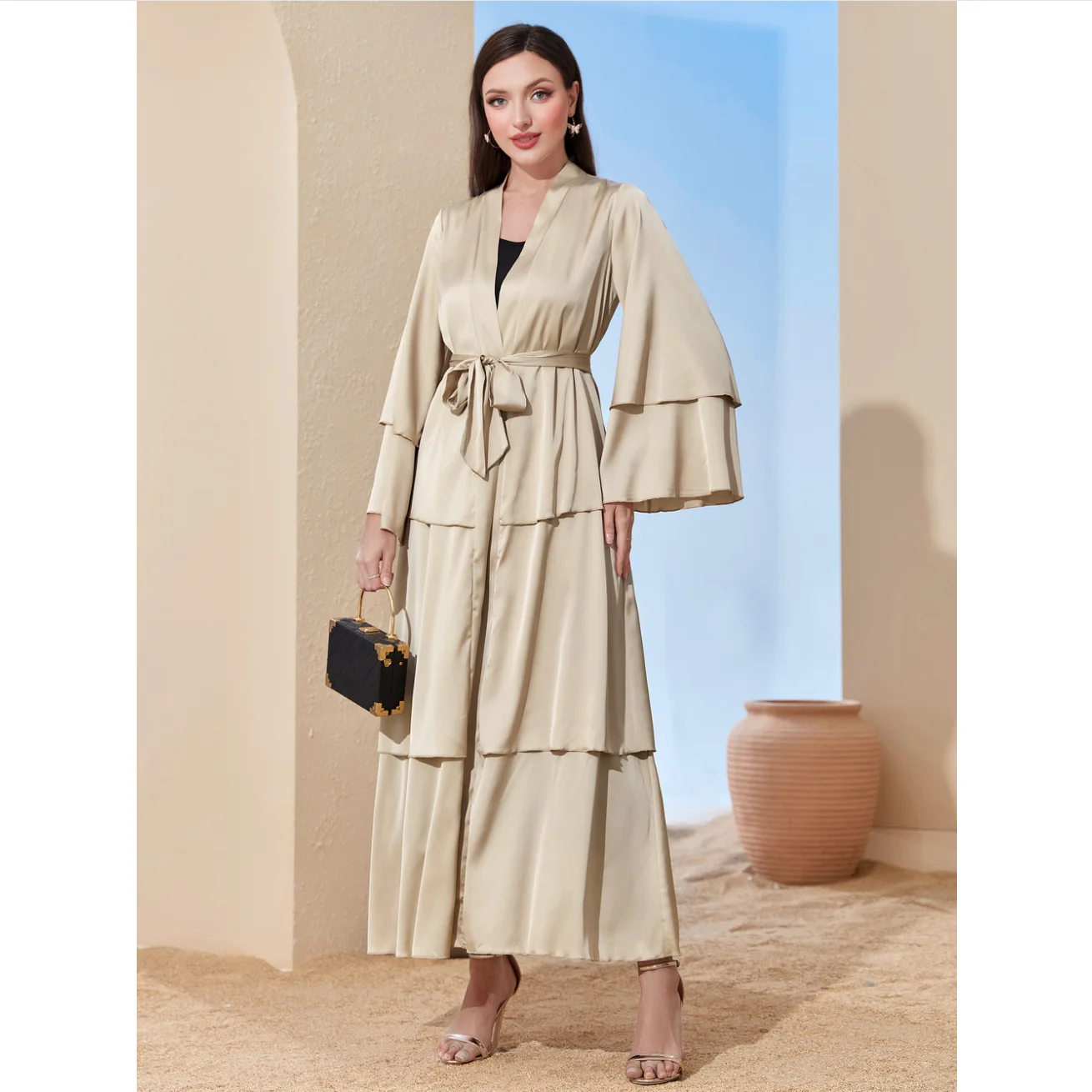 Satin Eid Dubai Turkey Fashion Elegant Islamic Dress Abaya Muslim Dress Clothing for Women Layered Tie Front Abaya Kaftan