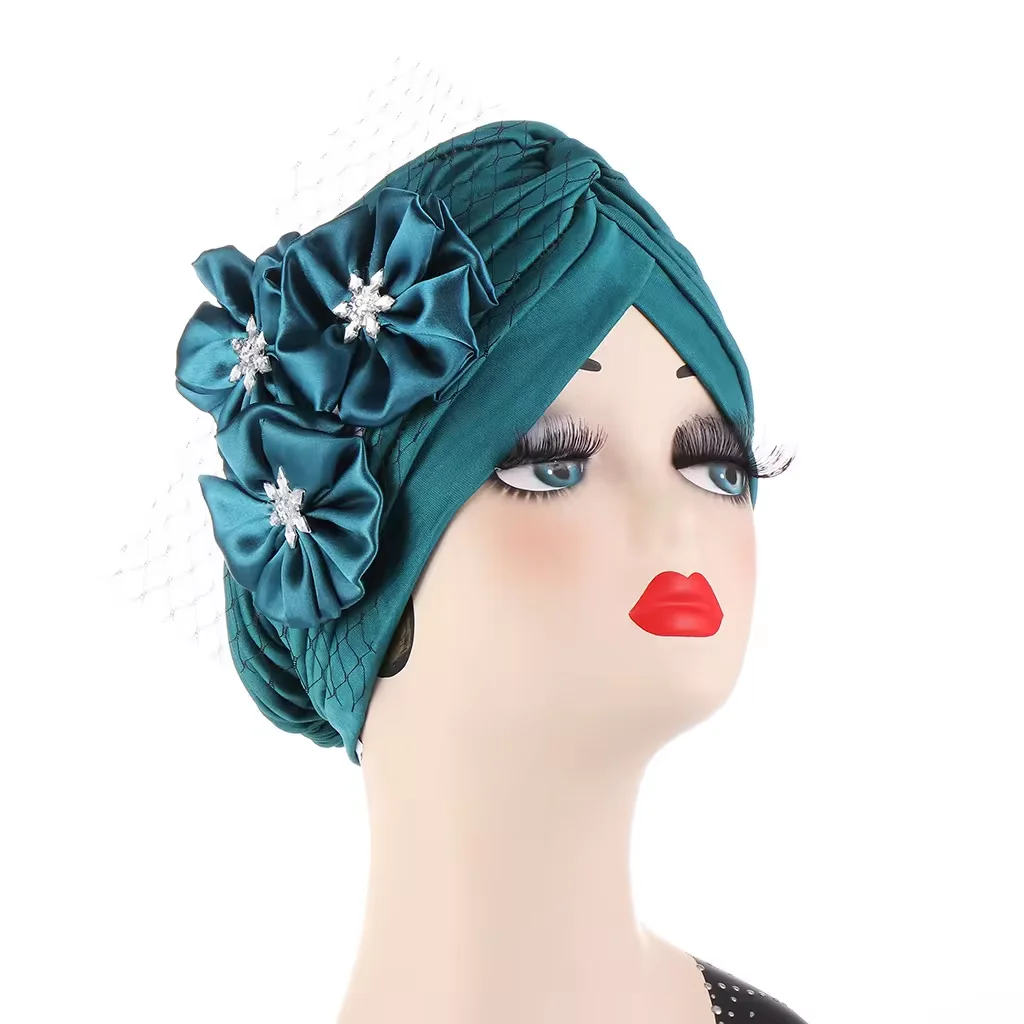TB-337 Fashion Mesh Three-Flower Hood Decorative Party Caps Indian Beanie Hat Arab Muslim Women Head Turban Hat
