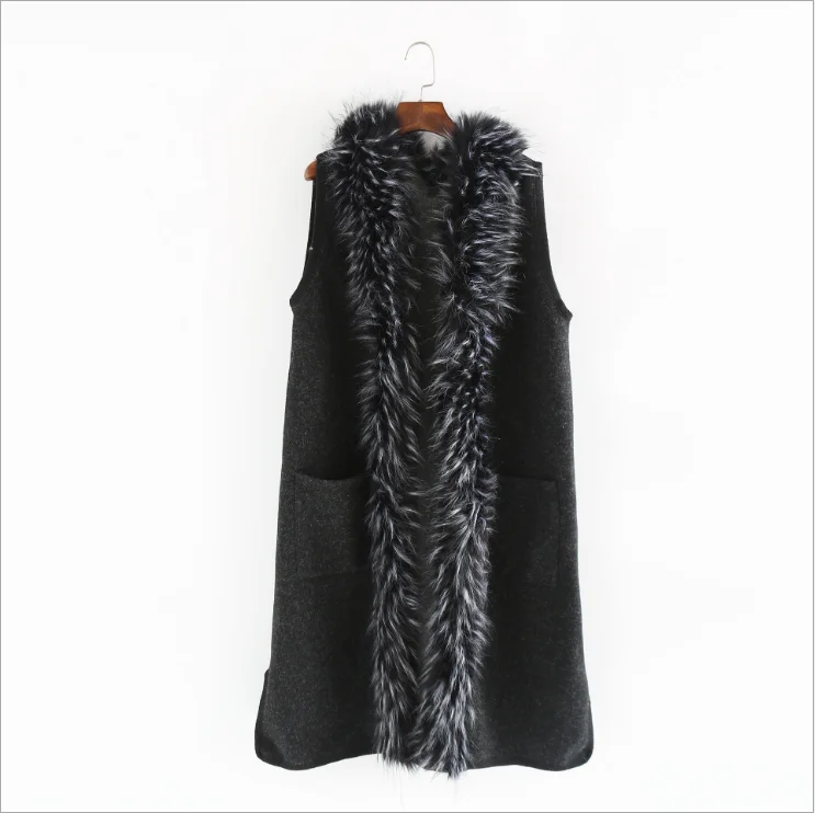 AGRADECIDO Cashmere Coat Women Winter Long Vest Coat Sleeveless Fleece Fur Coat Parka With Big Fur Collar