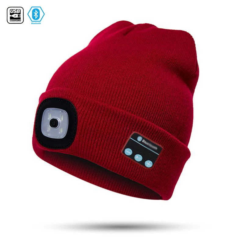 2021 LED Wireless BT Beanie Hats Winter Head Warmer With Lamp Rechargeable Music Orange Brown Beanie Winter Hats Accessories