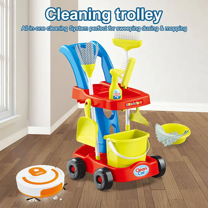 Detachable Housekeeping Cart 11 Pcs House Cleaning Tools Toys Pretend Play Broom and Mop Set Kids Cleaning Sets