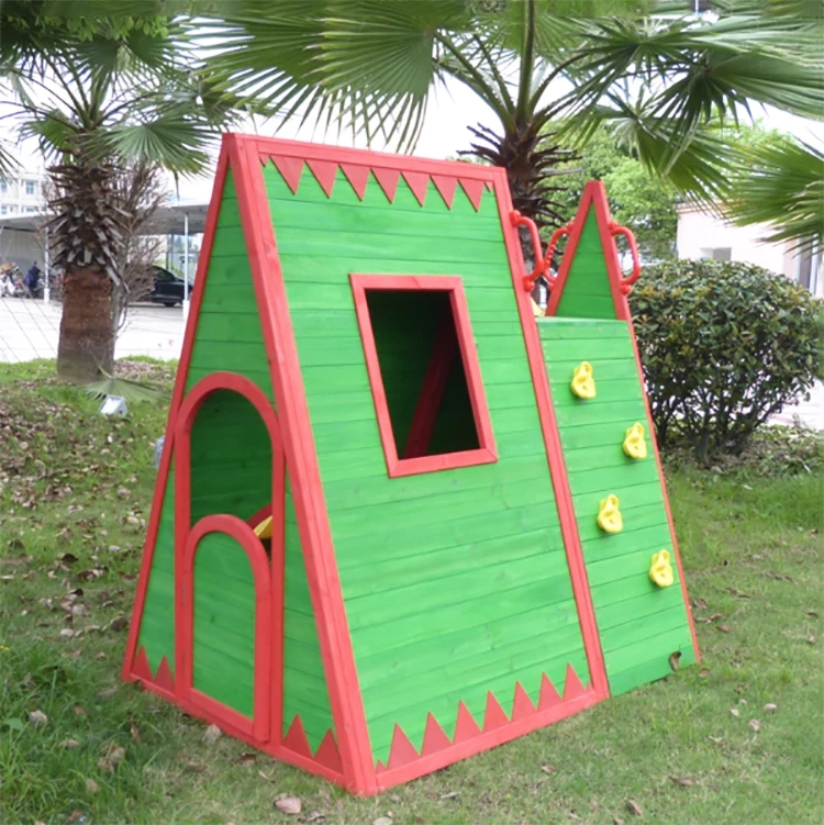 Outdoor Backyard kids Green wooden playhouse with slide