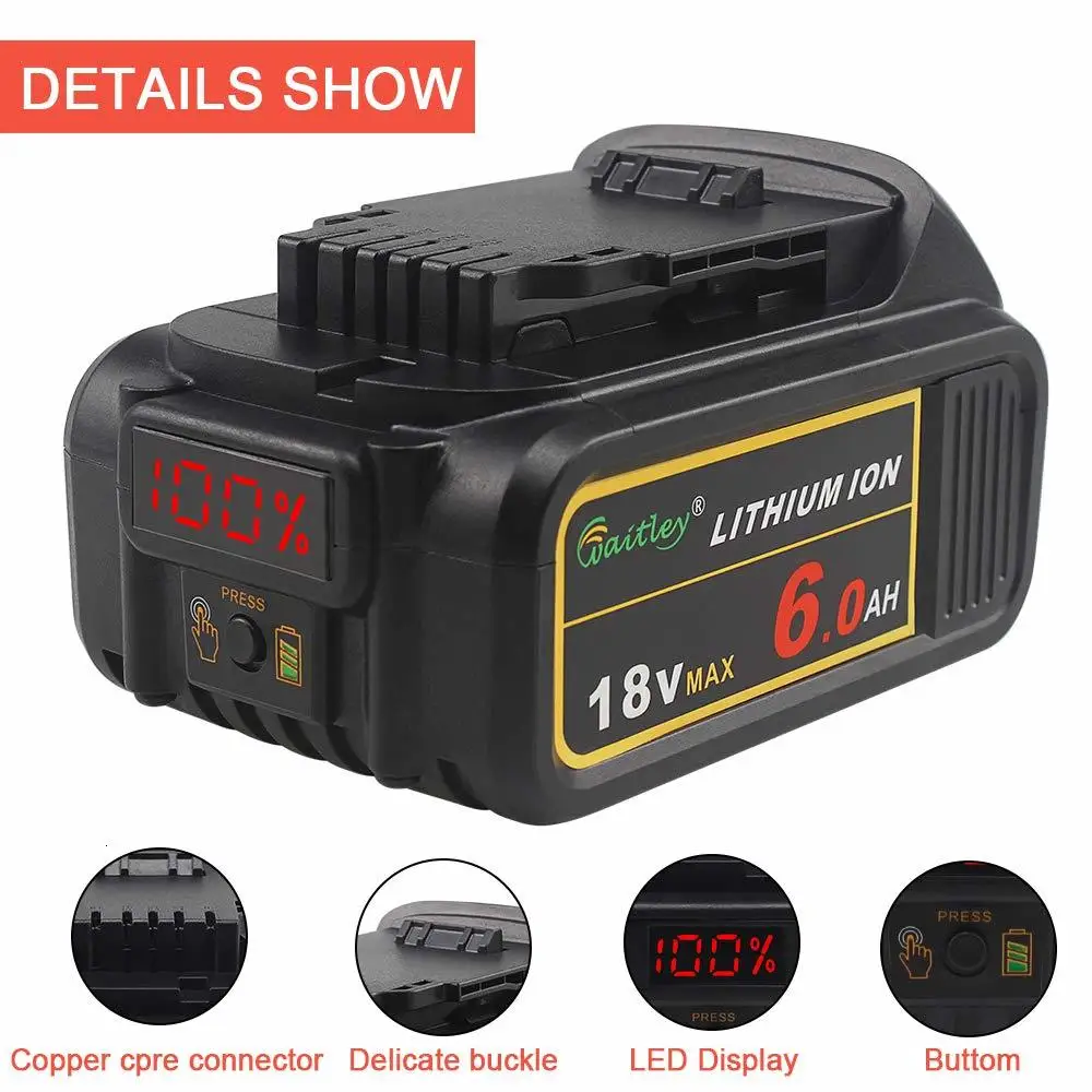 Waitley BCD184 18V 6Ah 6000mAh Replacement Battery Lithium Batteries for DeWalt 18 V and 20V MAX XR power tool