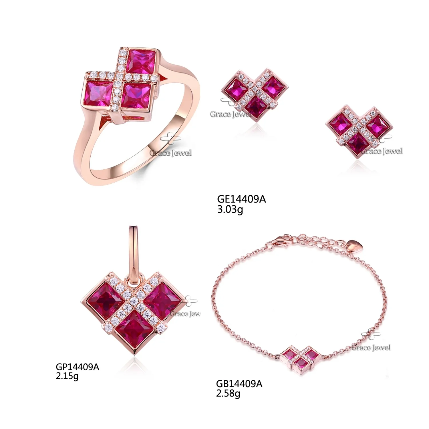 SET14409A Grace Jewelry Modern Unique Gold Plated 925 Sterling Silver Heart Ruby Ring Earring Necklace Bracelet Jewelry Set