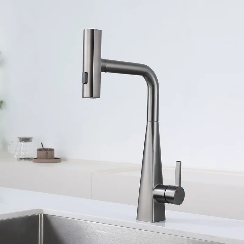 Grey Household kitchen brass hot cold mixed water sink pull-out splash-proof telescopic three-outlet function faucet kitchen tap
