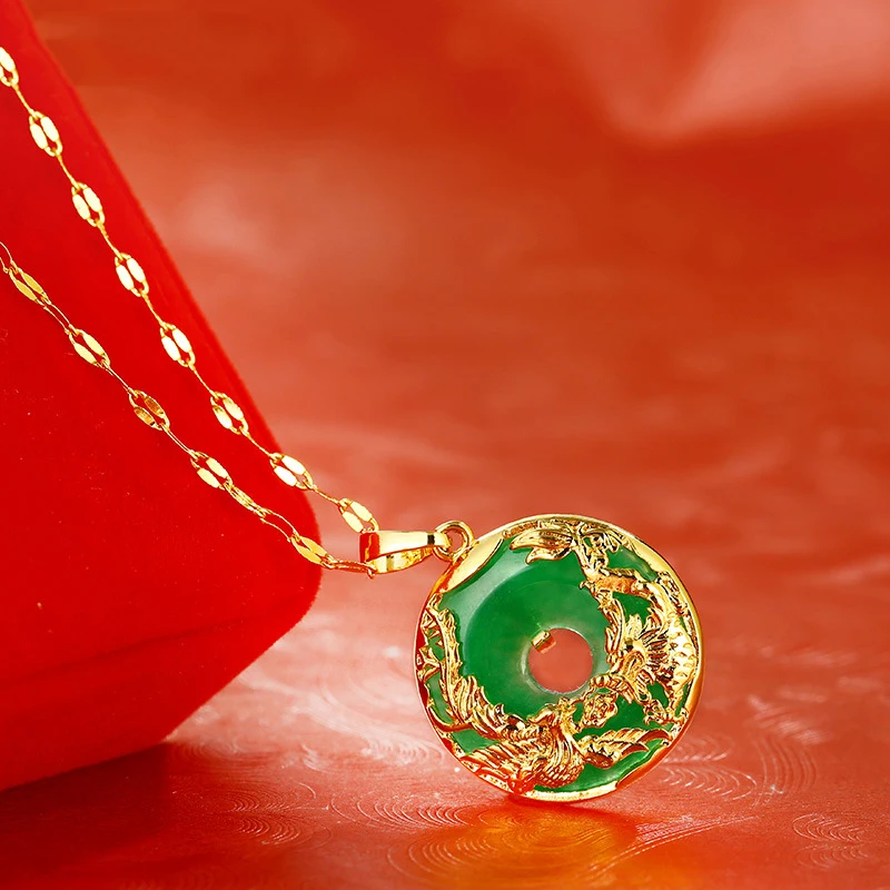 Retro Fashion All Match Jewelry Round Malay Jade Necklace 24 K Gold Plated Dragon Phoenix Pendant Necklace