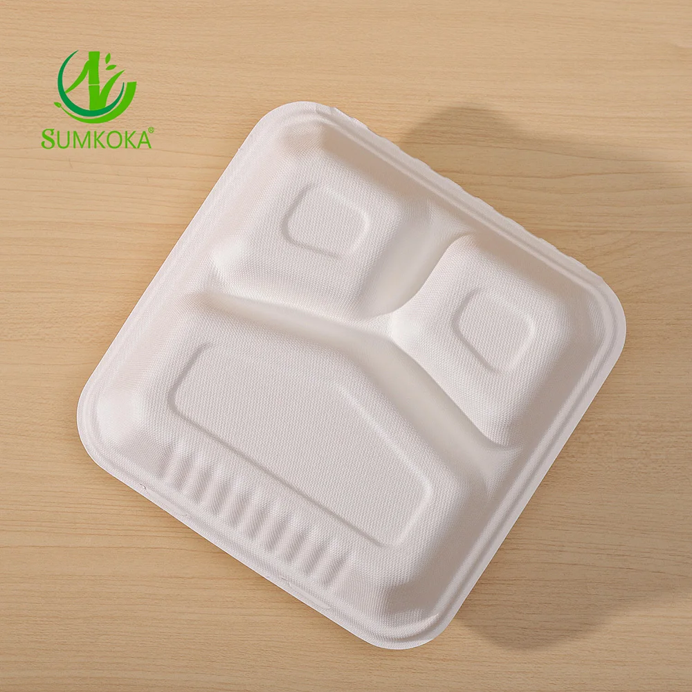 Sumkoka BPI Bagasse коробка для пищевых продуктов раскладушка одноразовая 3-х отсекная 9-дюймовая контейнер
