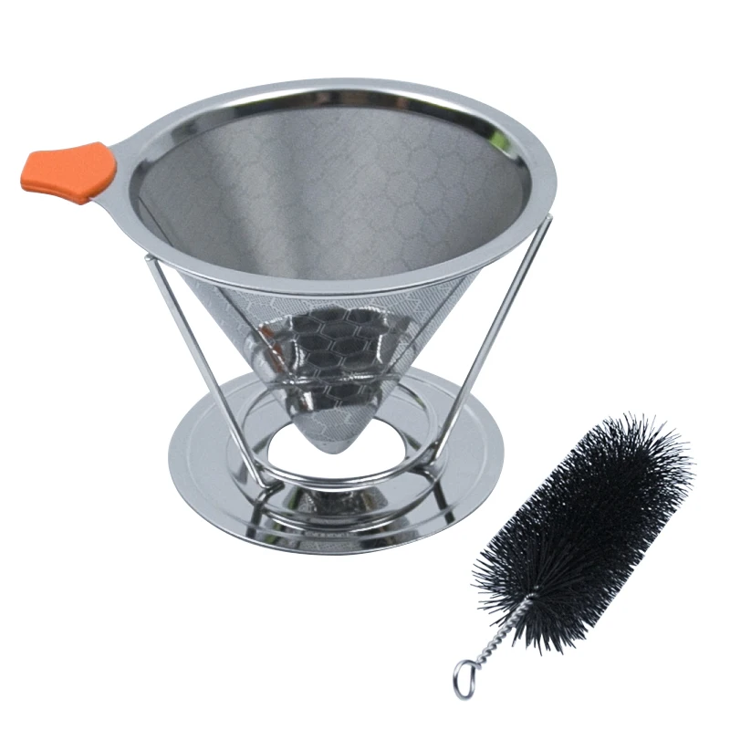 HSJ Reusable Cone Coffee Filter 1-4 cup, 304 Stainless Steel Portable Coffee Filters Coffee Maker with Cleaning Brush