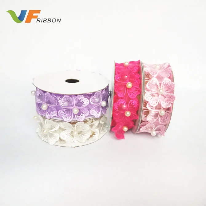 Chiffon Pearl Flower Embroidered Lace Trim / Bridal Wedding  Lace  wholesale haberdashery trim
