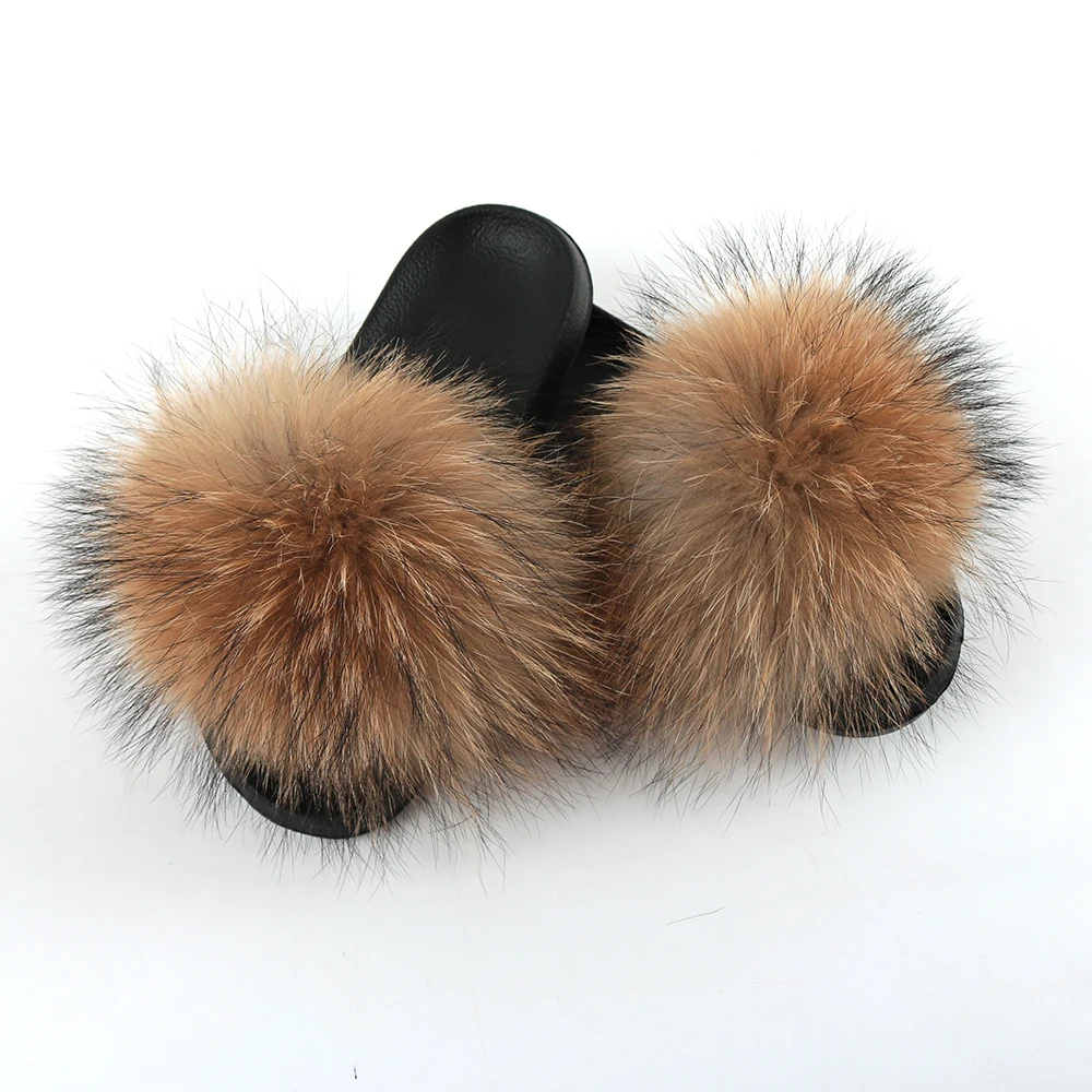 
New real fox/raccoon leather slippers women fashion style spring autumn and winter indoor slippers flat fur women sandals 