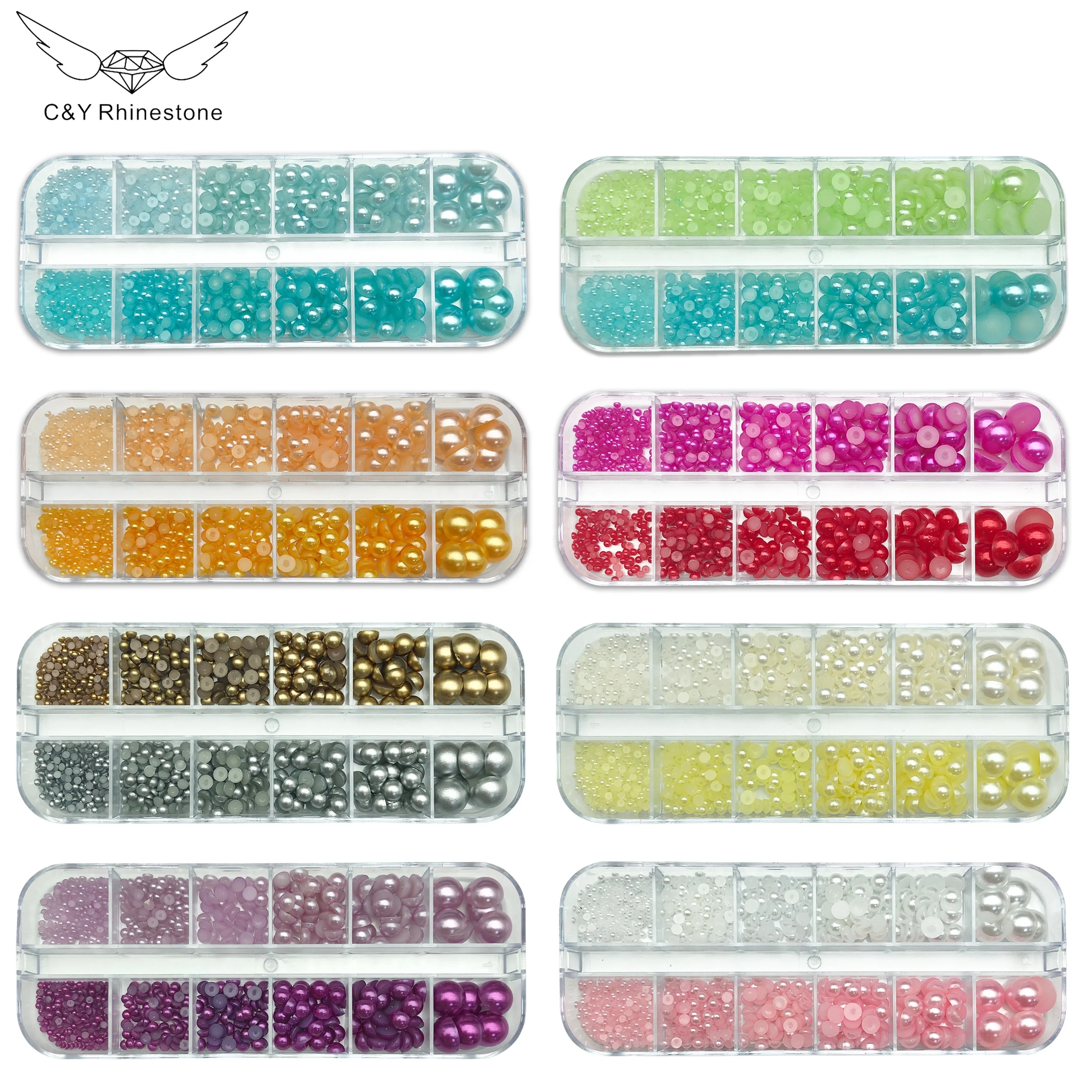 C&Y 12 Grids Mixed Colors Sizes Round Flat Back Pearls on Nail Resin Beads Loose Pearl