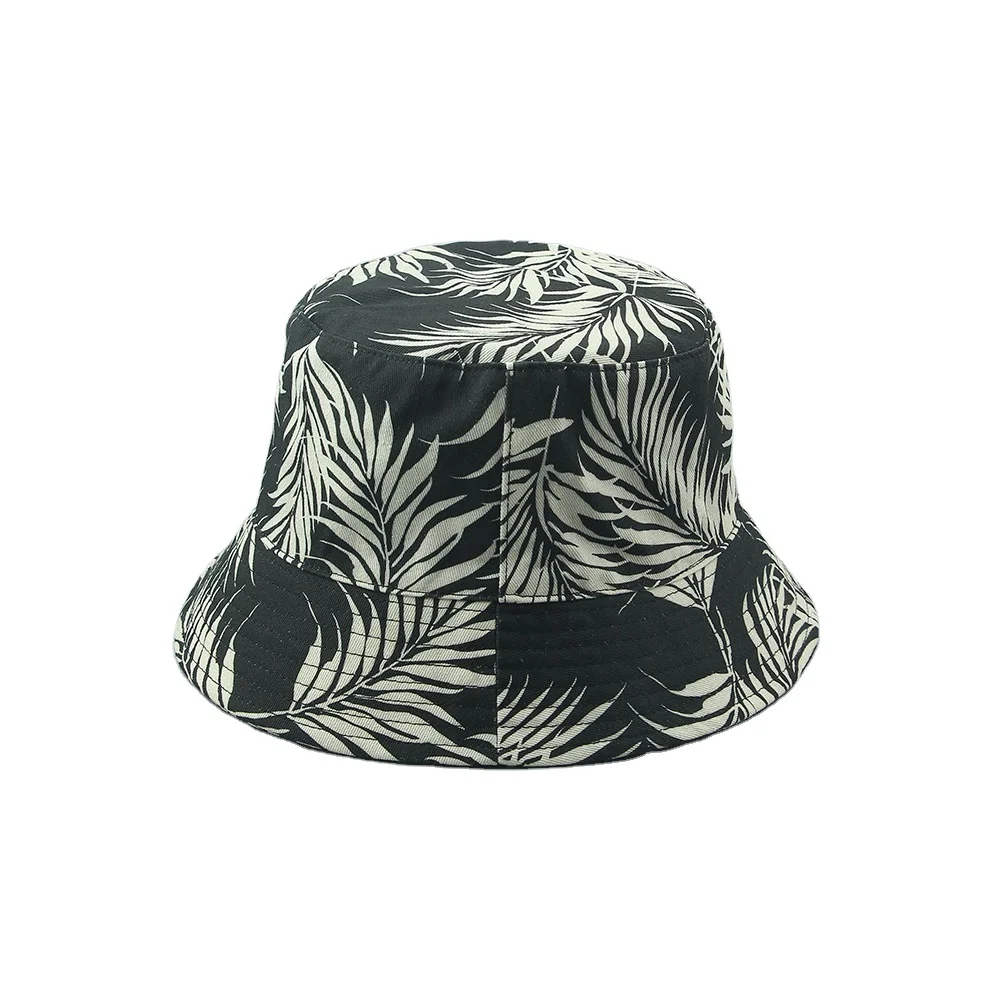 Wholesale  Fashion Custom Logo Unisex Bucket Basin Cap Beach Hat Printed Tie dye Leaves Cotton Bucket Hat