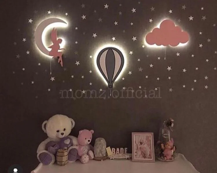 Premium LED Modern Decorative Nursery Wall Night Light Hand Painted Kid Room Bed with 9V Battery Pull String Switch MDF