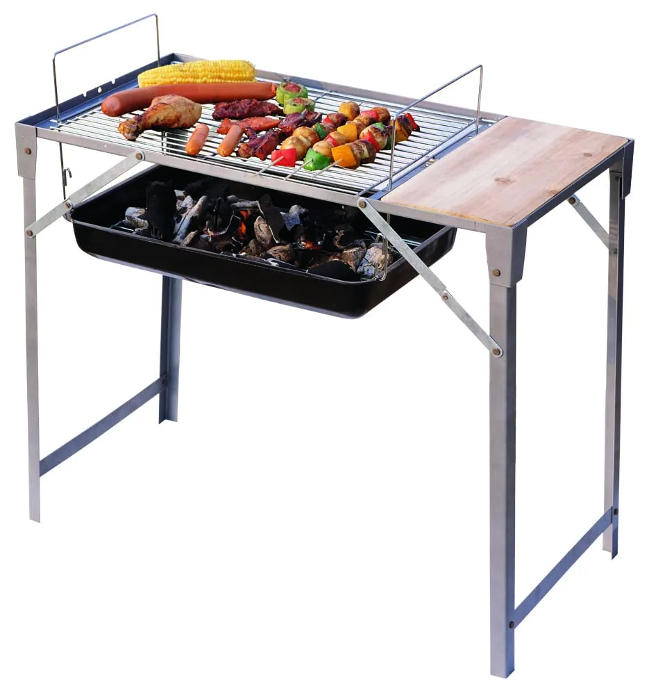 Low price simple folding rectangle charcoal barbecue with wood table grills bbq outdoor for Outdoor garden