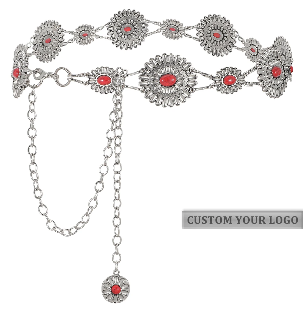OOTD All-Match Accessories Custom Red Turquoise Belts Western Style Concho Rubine Chain Belt For Lady