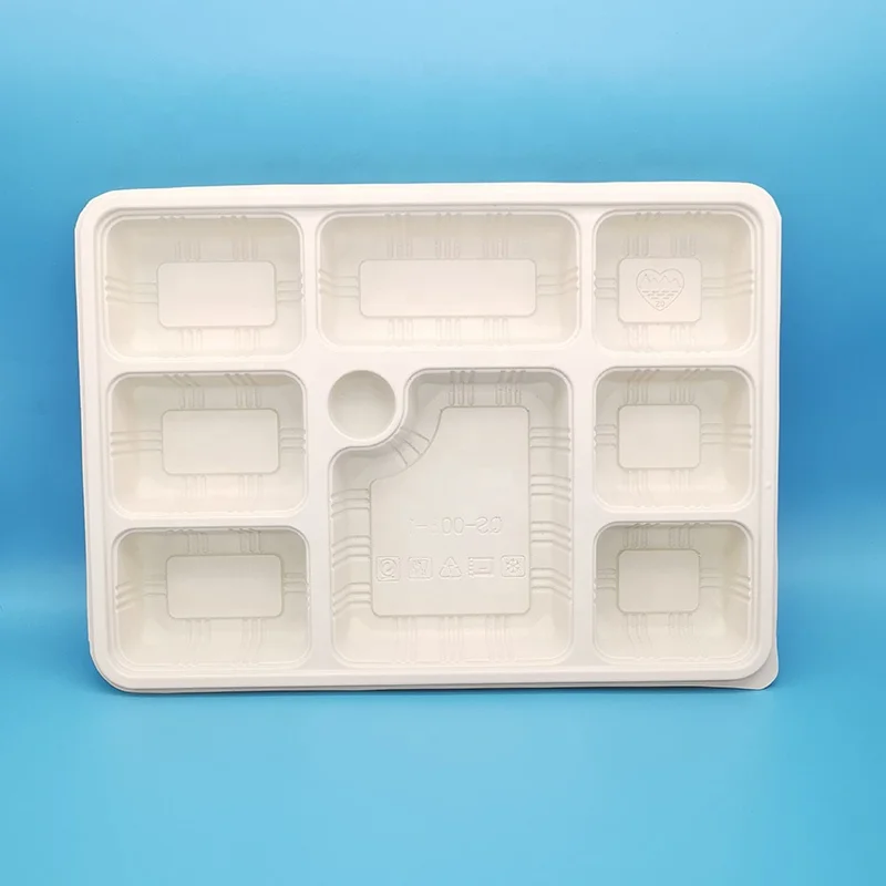 Restaurant Canteen Catering Service Tableware Rectangular Bio Based 8 Compartment Food Tray Box Cornstarch Disposable Meal Tray