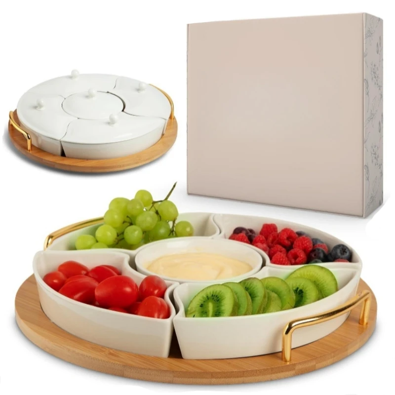 Appetizer Plate Set Bamboo and White Ceramic Chip and Dip Plate Appetizer Plate With Gold Carrying Handles on Both Sides