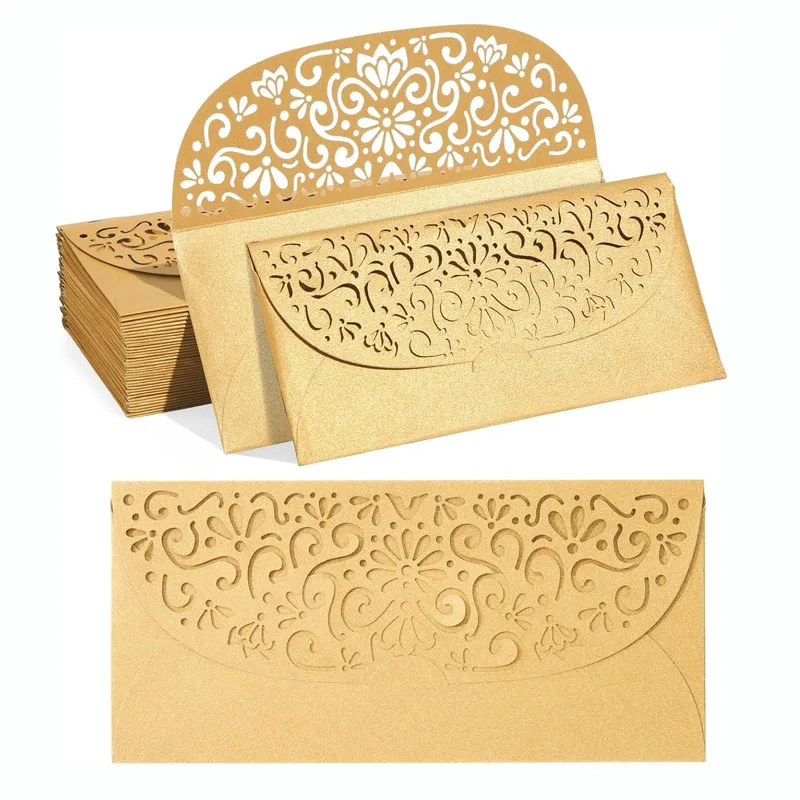 Custom Laser Cut Hollow Carving Stamping Gold Foil Paper Envelope For Greeting Card