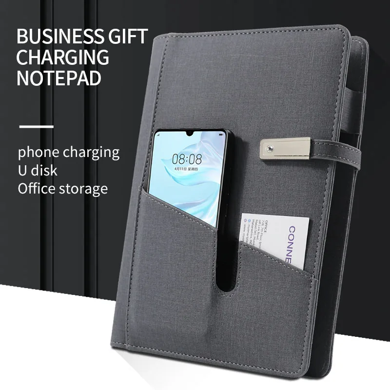 Pockets Leather A5 Binder with 8000mah Power Bank Diary Power bank Notebook Planner built-in wireless charging and 16g usb flash