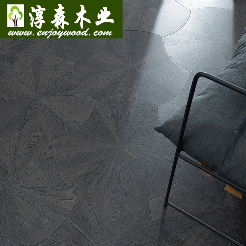 Dark Black Color Design Oak Wood Flooring  Curved Leaf Lotus Round Hexagon Woven Design Parquet Wood Flooring