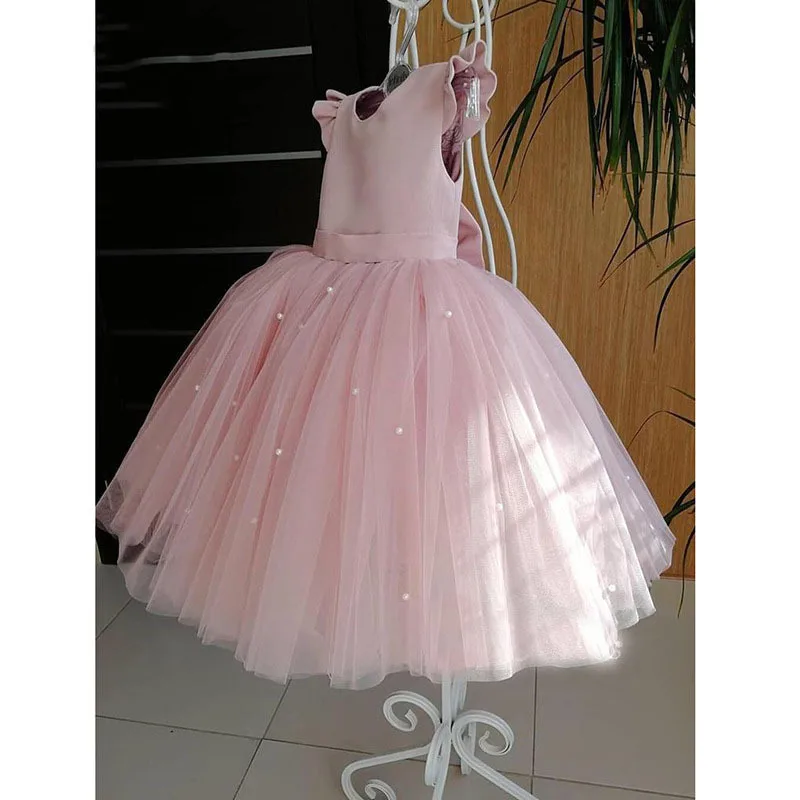 Ivy90316A Flowers girls princess dress high quality kids girls pink backless big bow birthday party dress design