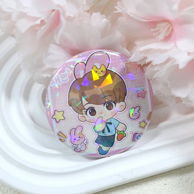 custom cartoon anime hologram tinplate button pins  colorful Pin Badge With Safty Pin Star Shape  holographic badges