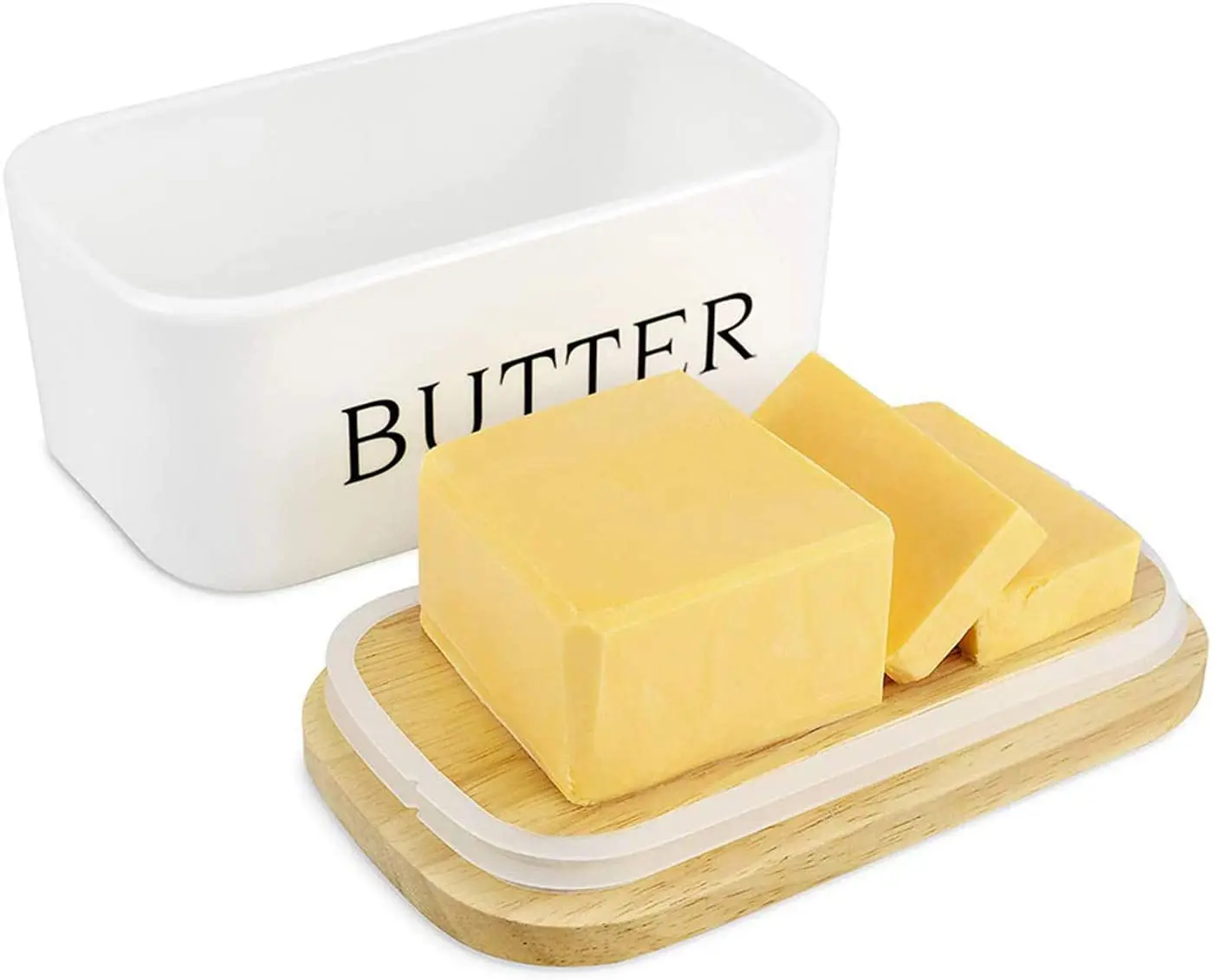 Bamboo Cover Rectangular Ceramic Butter Box with Knife White Ceramic Tank with Sealed Lid Kitchen Storage Container