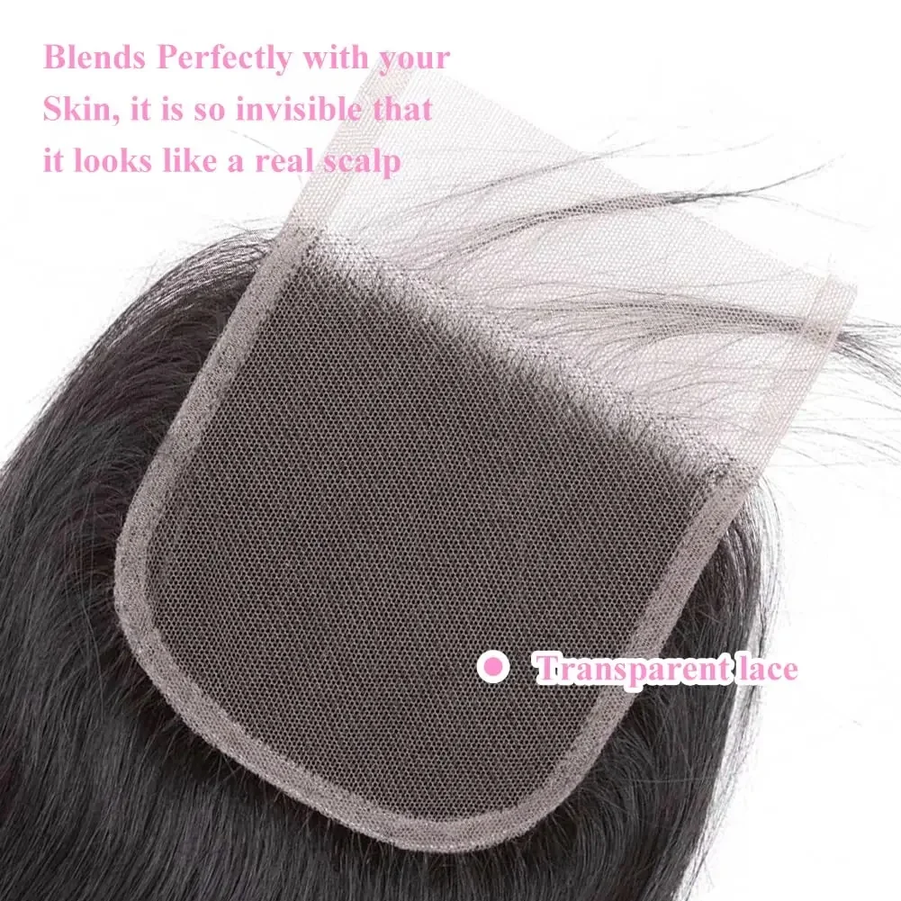 Straight Bundles and Closure Brazilian Human Hair 3 Bundles with 4x4 HD Closure Pre Plucked Natural Black Bundles with Closure