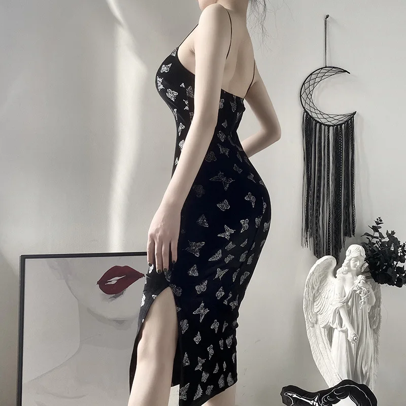 Dark Sexy Butterfly Print Split Cheongsam Little Black Dress Female Gothic Suede Ins Suspender Dress