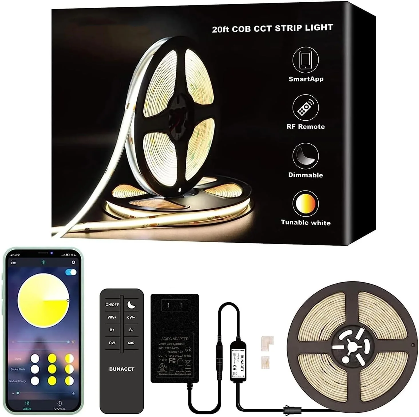 FEICAN Bluetooth Controller RF Remote RGB COB LED Strip Light Kits 576leds/m 6M/Roll CRI 90 RGB LED Strip Light Kits