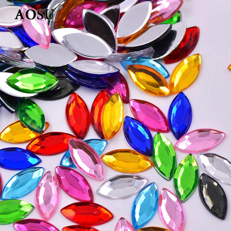 AOSU Wholesale 7*15mm Horse Eye Crystal AB Strass Flatback Gems Acrylic Rhinestones For Clothes DIY Crafts