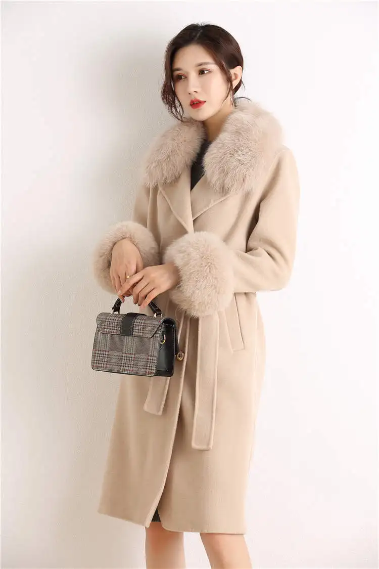wholesale fashion winter clothes thick wool trench coat double breasted fox fur collar and cuffs womens winter wool coat