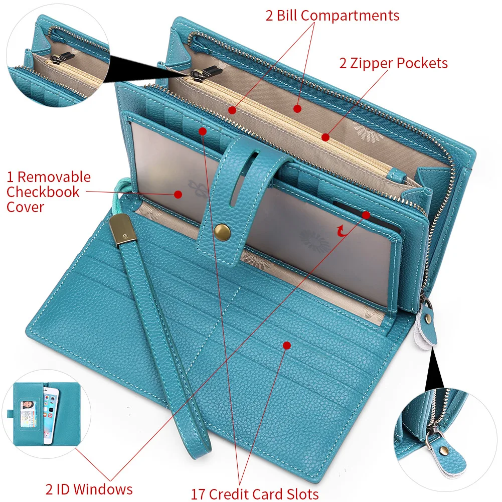 Latest Vintage Ladies Wallet RFID Blocking Leather Purse with Zipper Closure Button Fold Styles Lining Coin Long purse Women