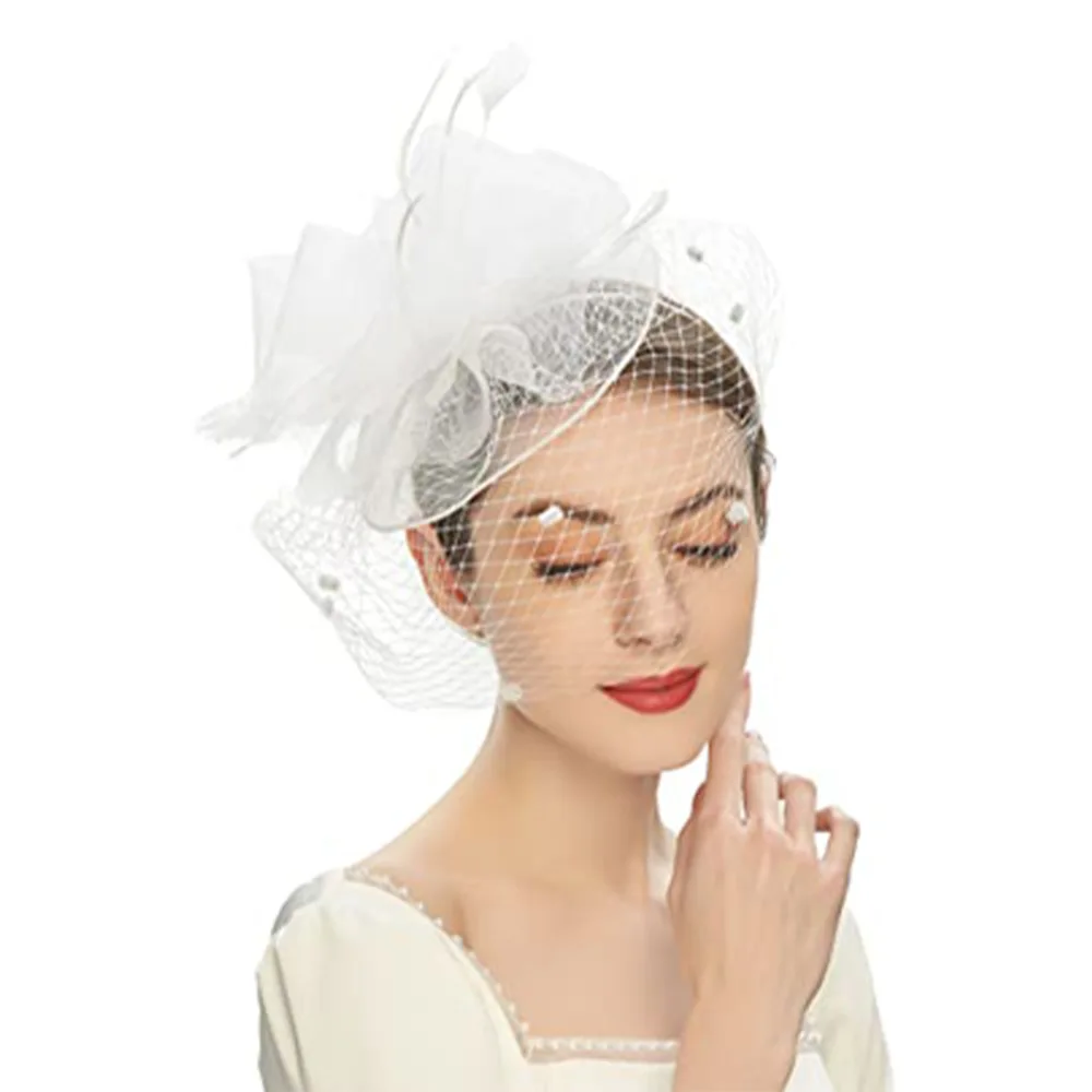 Headwear European Style American Bridal Headdress Hair Ornament Feather Cover Face Hairpin Veil Top Hat Mesh Bow Headdress