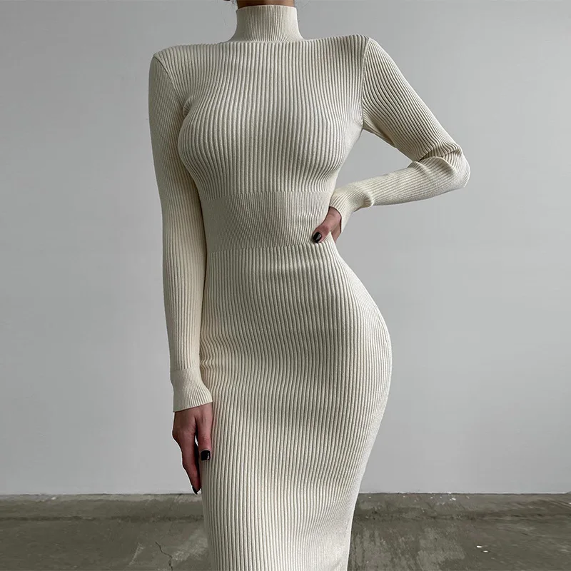 2022 Long Sleeve Midi Knitted Dresses Women Winter Sexy Turtleneck Rib Knit Dress