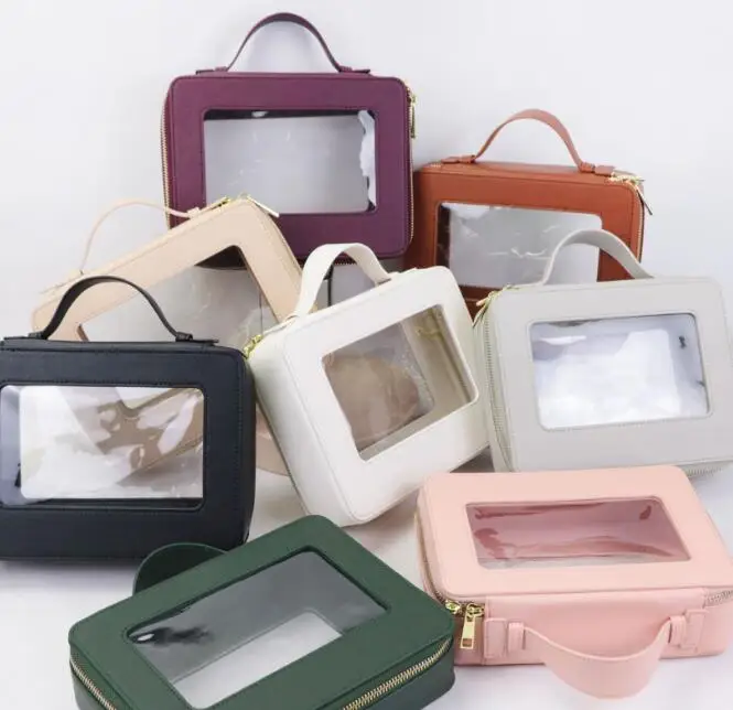 Travel PU saffiano leather makeup bags handle zipper clear wash case transparent cosmetic bag for women