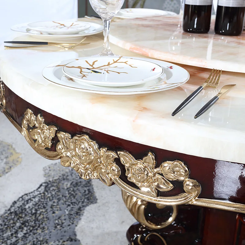 luxury antique European style round white marble top dining table set 6 chairs dining table set