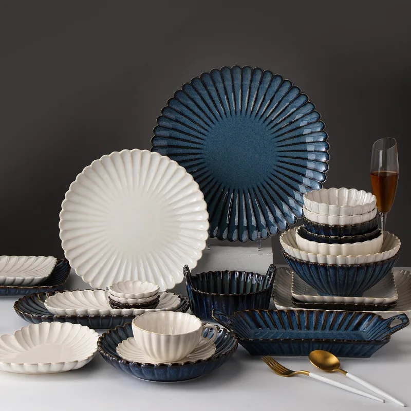 Japanese Retro Chrysanthemum Dish Ceramic Tableware Creative Northern European Western Plates China Dinnerware Set