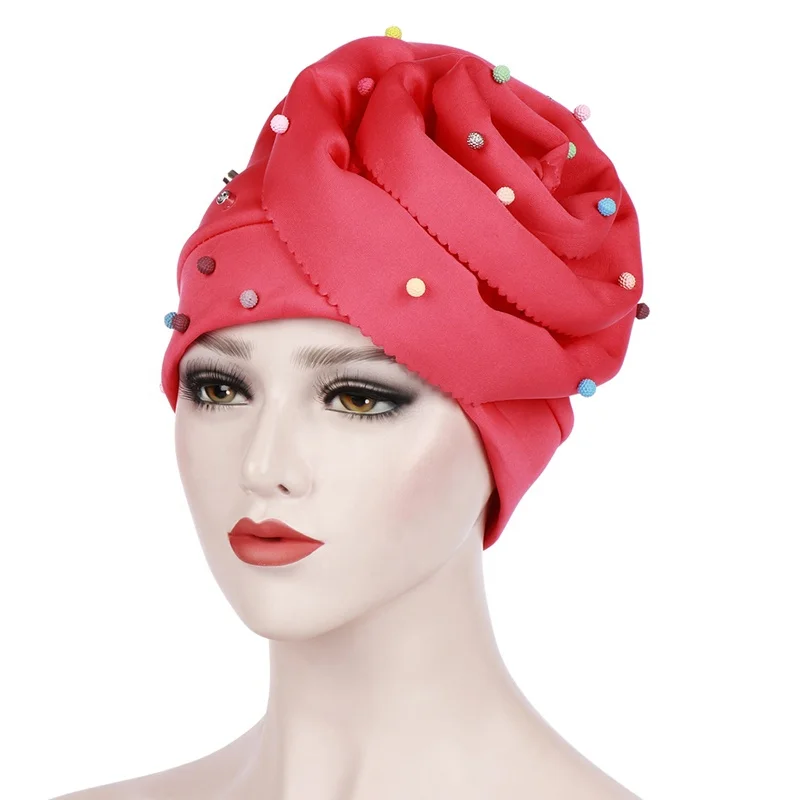 New Muslim Solid Color Beaded Baotou Hat Space Cotton Candy Color Beaded Flower Hat Headscarf Cap