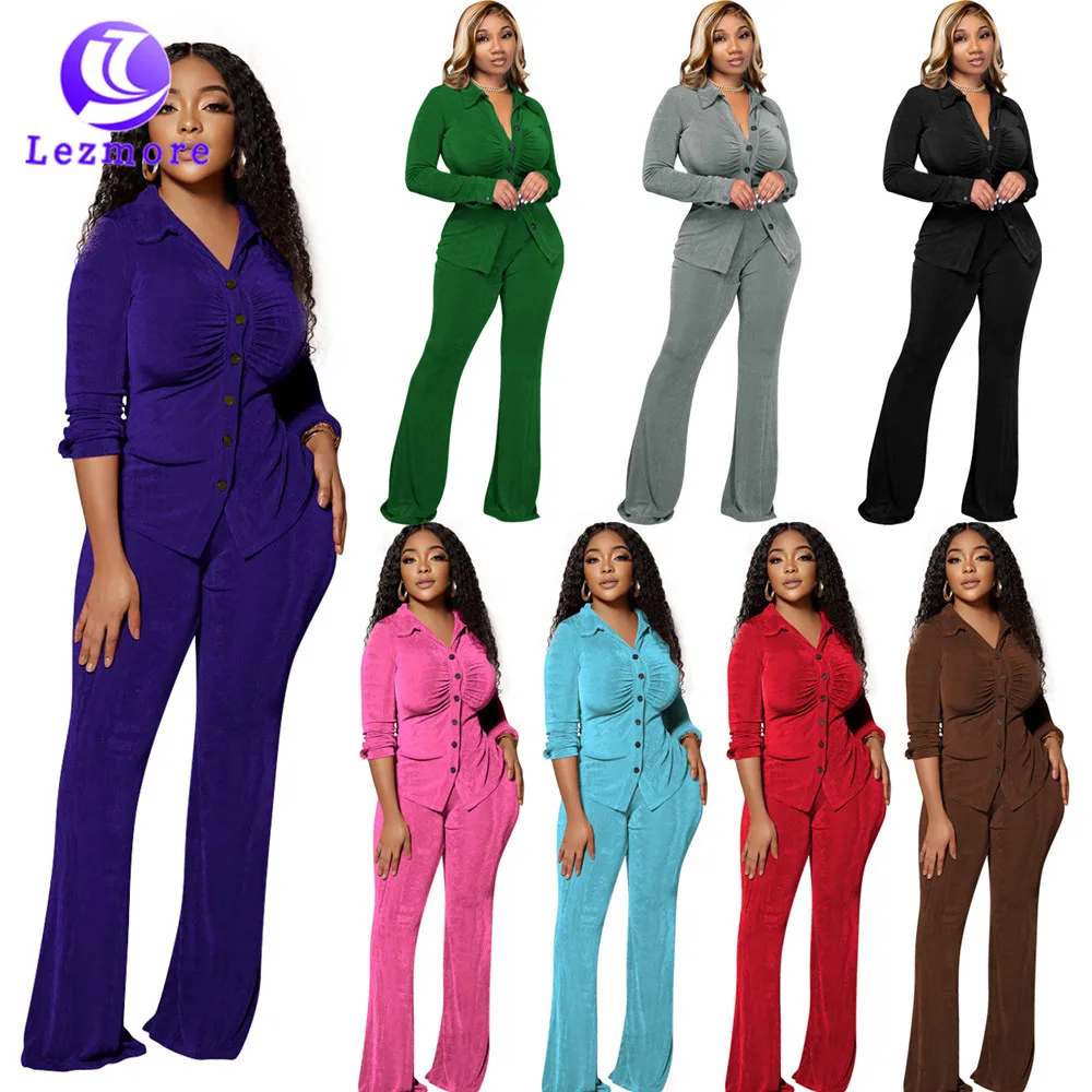 2023 Fashionable Velvet Autumn 2 Piece Button Up Pleated Shirt Long Flare Pants Women Velour Two Piece Set