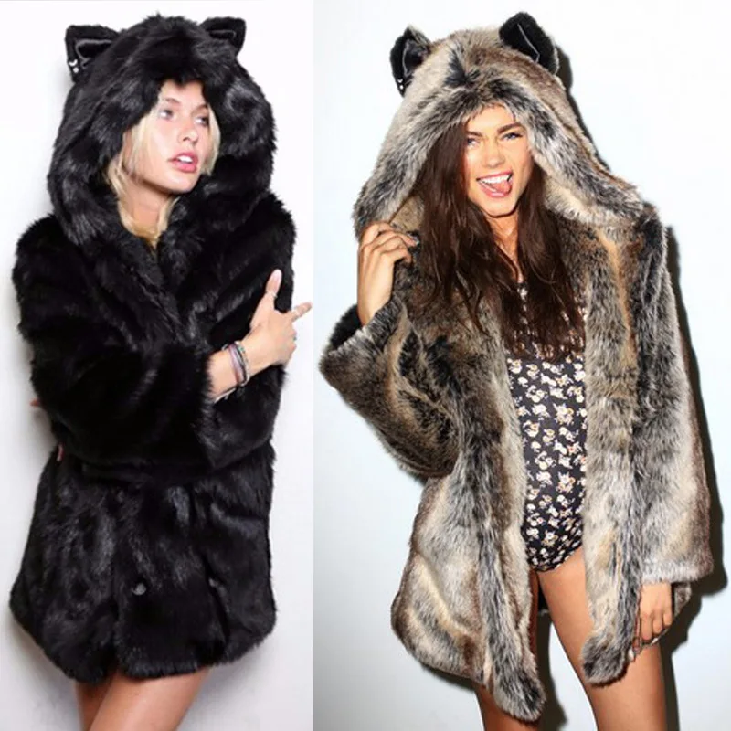 2020 New Arrivals fashion faux fur wolf wear women ladies hooded faux fur coat