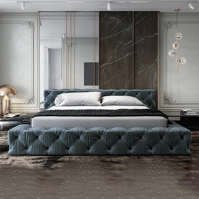 5 star hotel bed European Classic Green Velvet King Bed Wardrobe Bedroom Suites Modern Set high quality bedroom Furniture